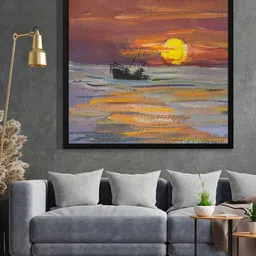 999Store Brown & Grey Sun River And Boat Painted Framed Wall Art-image-68