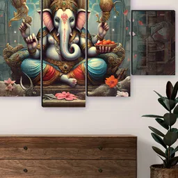 SAF Green & Orange 5 Pieces Wooden Ganesha Wall Arts-picture-39