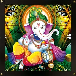 PnF Green & Yellow Lord Ganesha Religious Wooden Painting Wall Art-picture-14