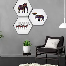 SAF White & Red 3 Pieces Traditional Elephant Painting Hexagon UV Textured Wall Arts-picture-20