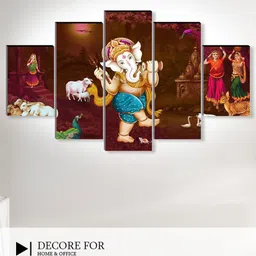 SAF 5 Pcs Brown & Blue Ganesha UV Textured Religious Theme Painting Wall Art-picture-40