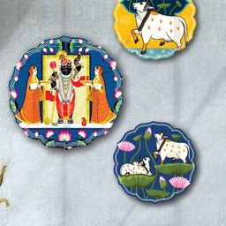 SAF Blue 3 Pieces Shree Nath Ji And Pichwai MDF Painting Wall Art-picture-14