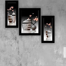 SAF Black & White 3 Pieces Flower Pot And Flower Painting UV Coating Wall Arts-picture-28