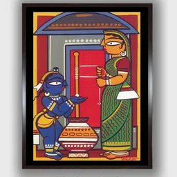 INDIAN CLASSIC ART Red & Green Krishna & Yashoda Kalighat Painting Canvas Wall Art-picture-26