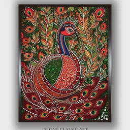 INDIAN CLASSIC ART Green & Red Peacock Painting Framed Wall Art-image-82