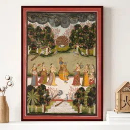 INDIAN CLASSIC ART Green & Brown Indian Rajasthani Pichwai Painting Wall Art-image-2