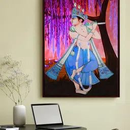 999Store Purple & Brown Lord Krishna Plying Flute Printed Framed Wall Art-picture-37