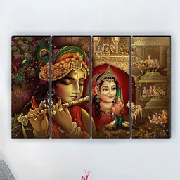SAF 4 Pcs Golden & Red Radha Krishna Painting Framed Wall Art-image-0