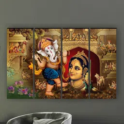 SAF 4-Pcs Blue & Yellow Ganesha Religious Painting Framed Wall Art-picture-34