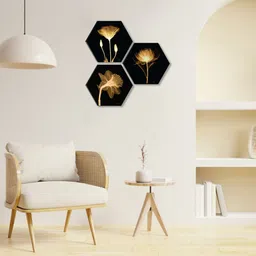 SAF Yellow & Black 3 Pieces Pretty Flower Painting Hexagon UV Textured Wall Arts-picture-15