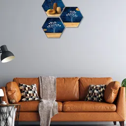 SAF Yellow & Blue 3 Pieces Flower Pot Painting Hexagon UV Textured Wall Arts-picture-29