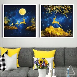 Aura White & Blue 2 Pieces Wood Birds and Animals Wall Paintings-picture-23