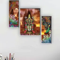 SAF Brown & Beige 3 Pieces Tirupati Balaji Painted UV Textured Self-Adhesive Wall Art-picture-33