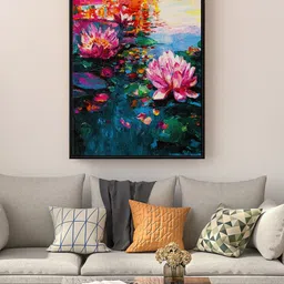 999Store Blue & Pink Lotus Flower Water Lilies Painting Floating Framed Wall Art-picture-15