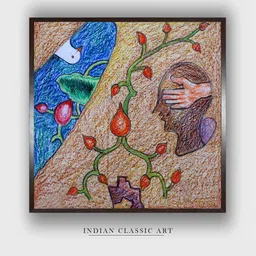 INDIAN CLASSIC ART Brown & Blue Indian Folk Painting Wall Art-picture-36