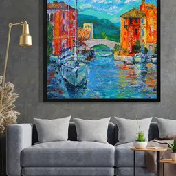 999Store Black & Blue Boat And House Abstract Painted Framed Wall Art-image-48