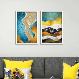 Aura Blue & Yellow 2 Pieces Wood Abstract Wall Paintings-picture-24