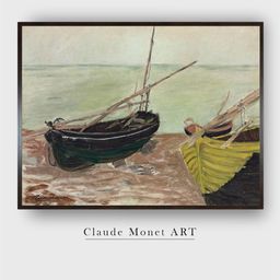 The Art House Brown & Green Study Of Boats At Etretat Beach Painted Wall Art-picture-22