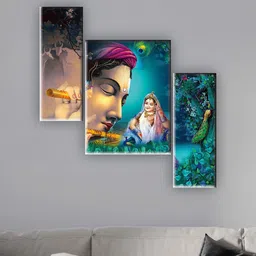 SAF Green & Blue 3 Pieces Radha Krishna Wall Art-image-55