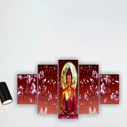 SAF 5 Pcs Red & Pink Buddha UV Textured Religious Theme Painting Wall Art-picture-21