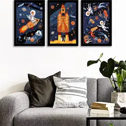 WENS Set Of 3 Multicoloured Vintage Space Wall Art Painting-picture-24