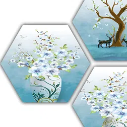 PnF Blue & White 3 Pieces Floral and Botanical Wooden Painting Wall Art-image-11