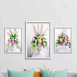 SAF White 3-Pieces Flower Pot Printed Framed UV Coating Wall Art-image-96
