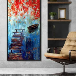 999Store Blue & Red Leaf With Stairs And Boat In Lake Painting Framed Wall Art-image-9