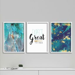 SAF Set Of 3 Green & White Modern Art UV Textured Painting Wall Art-picture-38