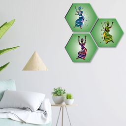 SAF Green & Blue 3 Pieces Trible Art Hexagon UV Textured Self Adhesive Wall Art-picture-46