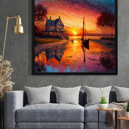 999Store Brown & Blue Home And Sunset View Painted Framed Wall Art-image-39