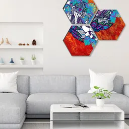 SAF Blue & Red 3 Pieces Lord Ganesha Painting Hexagon UV Textured Wall Art-picture-11