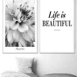 THE HANDMADE FLAIR Black & White 2 Pieces Life Is Beautiful Floral Wall Art-picture-36