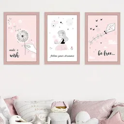 Art Street Kids Pink & White 3 Pieces Make a Wish Be Free Colorful Nursery Wall Art image 1