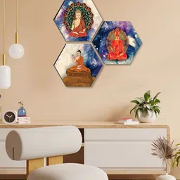 SAF Blue & Red 3 Pieces Lord Buddha UV Textured Self adhesive Wall Art Painting-image-14