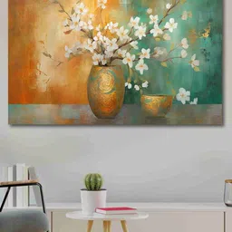 SAF Gold & White Abstract Floral Printed Canvas Wall Art image 3