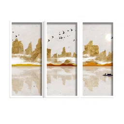SAF 3-Pcs Grey & Brown Boat And Birds Painting Wall Art image 3