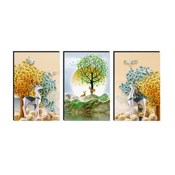 SAF Green & Yellow 3 Pieces Deer Tree & Birds Printed UV Coating Wall Painting image 2