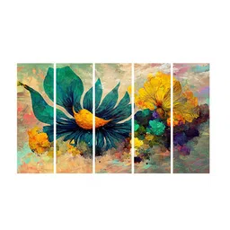 999Store Green & Yellow 5 Pieces Flower With Abstract Wall Art image 3