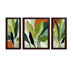WENS Set Of 3 Green & Orange Flower Hues MDF Wall Painting image 2