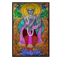 999Store Yellow & Grey Lord Krishna With Peacock Canvas Framed Painting Wall Art image 3