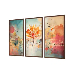 999Store Brown & Orange 3Pcs Floral And Botanical Wall Paintings image 2