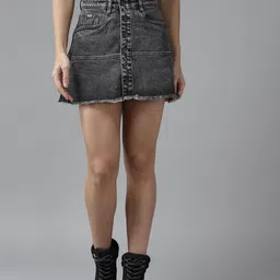Roadster Women Charcoal Solid A-Line Button Down High-Rise Frayed Hem Mini Skirt-picture-11