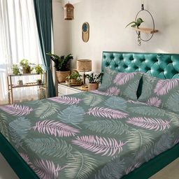 Myntra Elegant Homes Green & Pink Floral 350 TC King Fitted Bedsheet Set-2.50 m x 2.15 m-picture-2