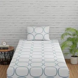 Huesland White & Blue Geometric Fitted 144 TC Cotton Single Bedsheet with 2 Pillow Covers-picture-38