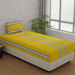 Huesland Yellow & White Striped 144 TC Cotton Fitted Single Bedsheet with 2 Pillow Covers-image-27