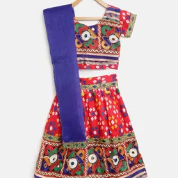 BownBee Girls Red & Blue Embroidered Ready to Wear Lehenga & Blouse with Dupatta-picture-18
