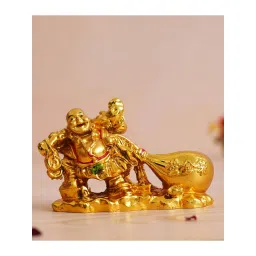 eCraftIndia Golden Polyresin Feng Shui Laughing Buddha Idol with Money Bag image 1