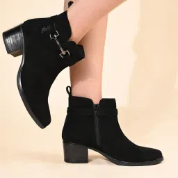 Louis Stitch Women's Black Elegant Mid-Top Neck Belt Buckle Slip-On Casual Boots-image-87