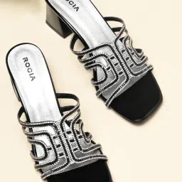 ROCIA By Regal Black Women Diamond Studded Block Sandal Heels-image-6